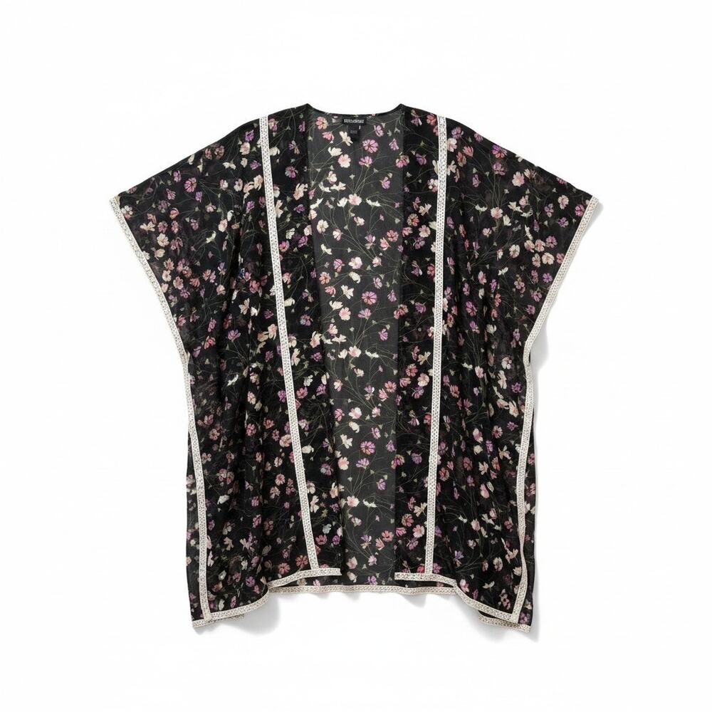 Steve Madden Womens Floral Crochet Trim Kimono Black One Size Boho Fairy New